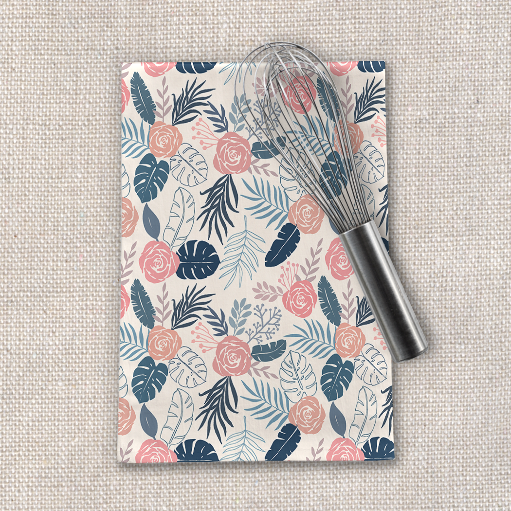 Blue & Blush Tropical Floral Tea Towel